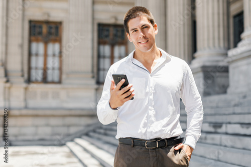 Professional man smiling while discussing business outdoors. copyspace