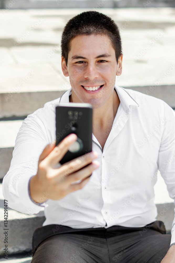 Successful businessman taking a selfie with a modern skyline in the background