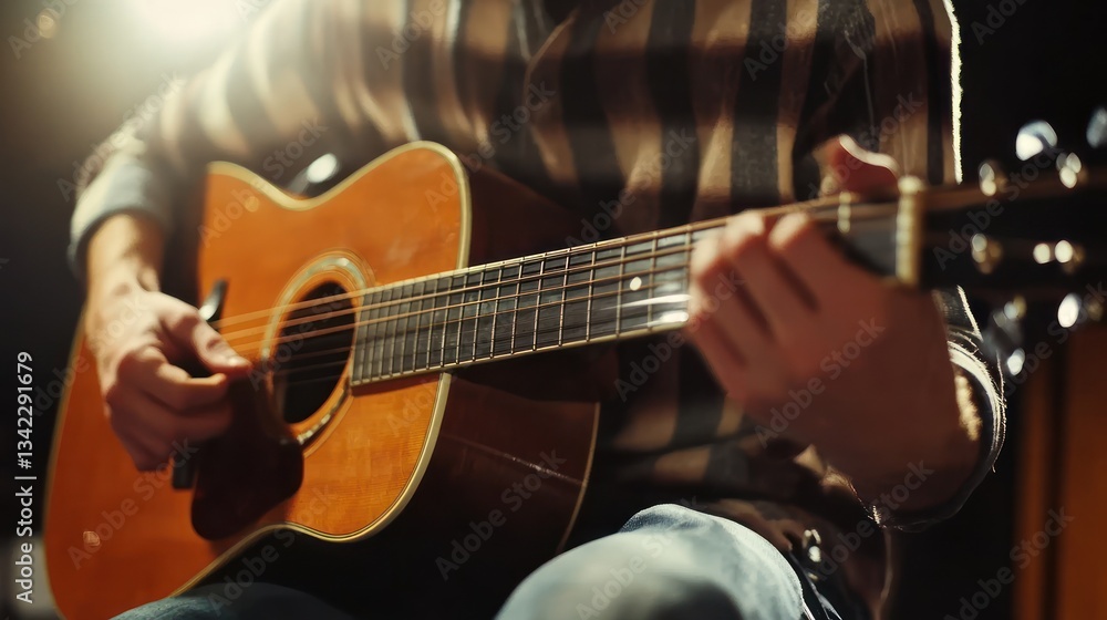 Fototapeta premium Musician playing acoustic guitar in dimly lit studio, recording session