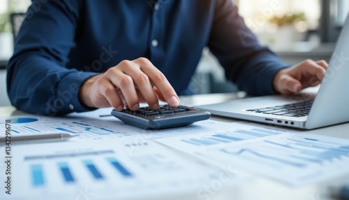 Close up businessman hand using calculator to budgeting and tax calculation monthly expenses. budget management and accounting on table. Business finance accounting banking concept.