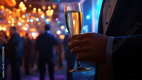Man holding champagne at gala, blurred party background