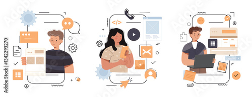 App development concept set. Developers write code, testing, create page layout. People isolated scenes in flat design. Vector illustration for blogging, website, mobile app, promotional materials.