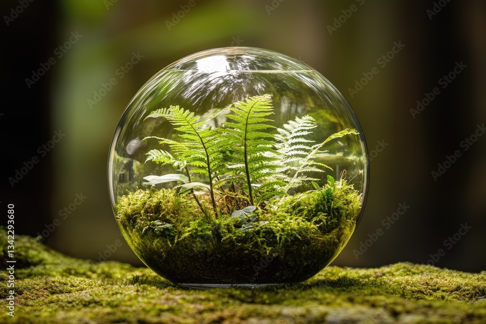 Miniature terrarium in a glass sphere. Tranquil greenery thrives inside Miniature terrarium in a glass sphere. Tranquil greenery thrives inside