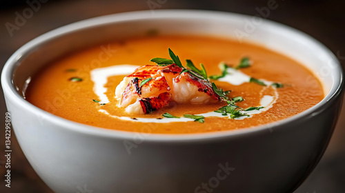 Creamy Lobster Bisque with Grilled Lobster Tail and Fresh Herb Garnish