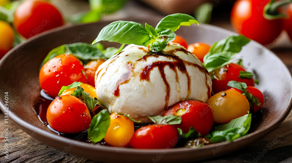 Rustic Caprese Salad with Burrata, Cherry Tomatoes, and Balsamic Glaze on Ceramic Plate