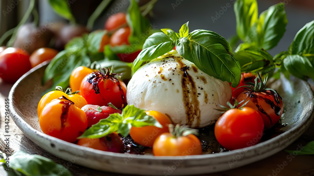 Rustic Caprese Salad with Burrata Cheese and Cherry Tomatoes on Ceramic Plate