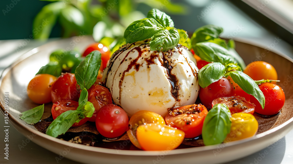 Fresh Caprese Salad with Burrata Cheese and Cherry Tomatoes on Rustic Plate