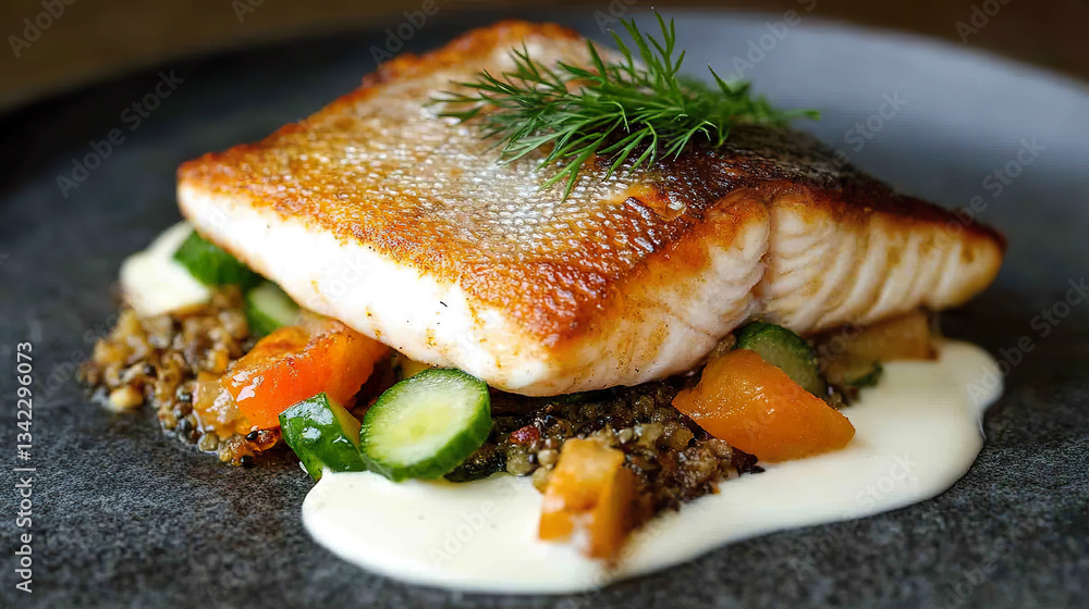 Crispy Seared Fish Fillet with Herb Garnish and Creamy Sauce on Plate