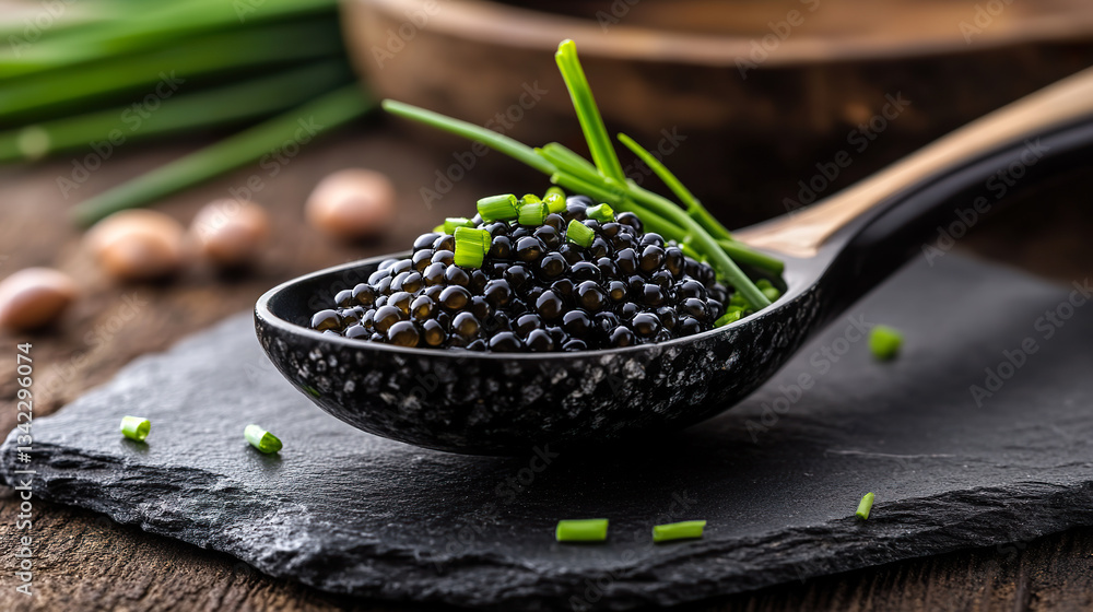 Elegant Black Caviar on Stone Slate with Fresh Green Onion Garnish