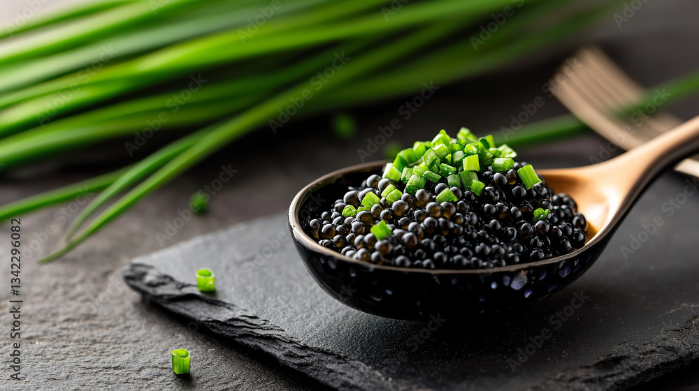 Elegant black caviar with fresh chives on dark slate serving