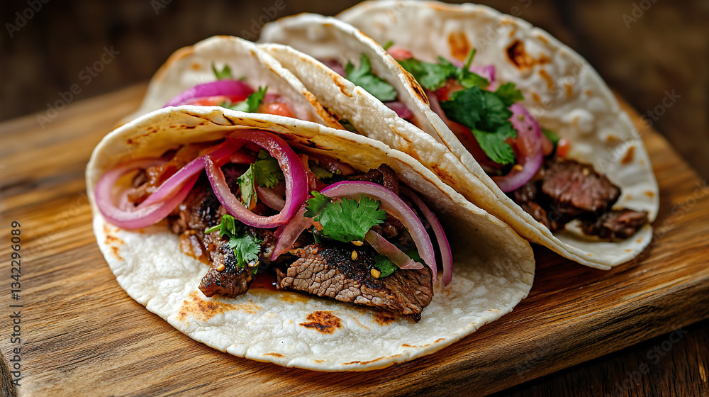Grilled beef tacos with red onion and cilantro on wooden cutting board