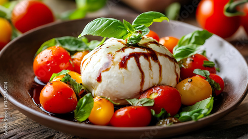 Obraz na płótnie Rustic Caprese Salad with Burrata, Cherry Tomatoes, and Balsamic Glaze on Ceramic Plate w salonie