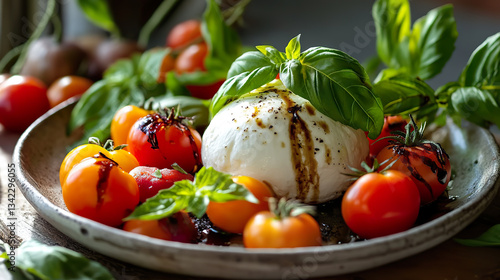 Obraz na płótnie Rustic Caprese Salad with Burrata Cheese and Cherry Tomatoes on Ceramic Plate w salonie