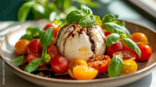 Obraz na płótnie Fresh Caprese Salad with Burrata Cheese and Cherry Tomatoes on Rustic Plate w salonie