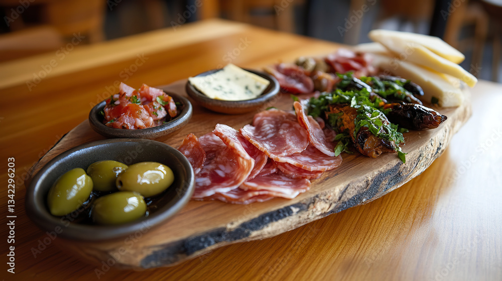 Rustic charcuterie board with cured meats and olives on wooden table.