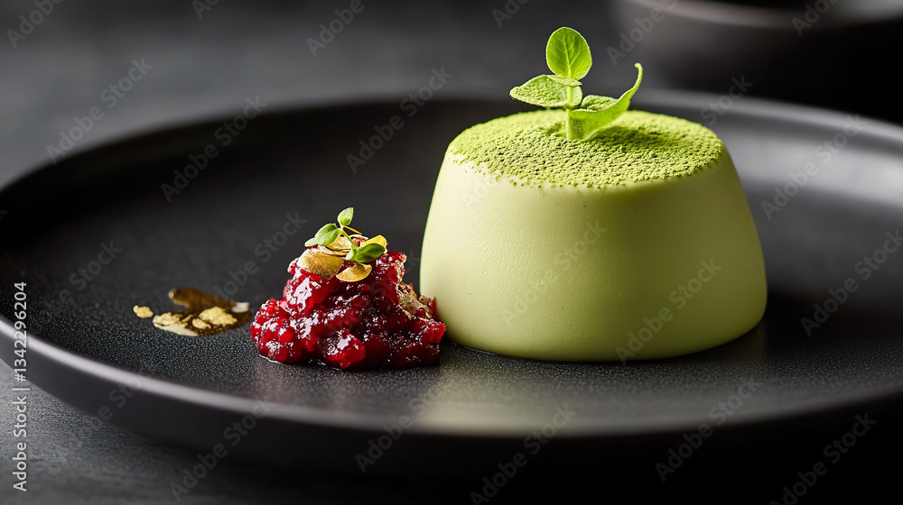 Elegant Green Matcha Dessert with Red Garnish on Black Plate