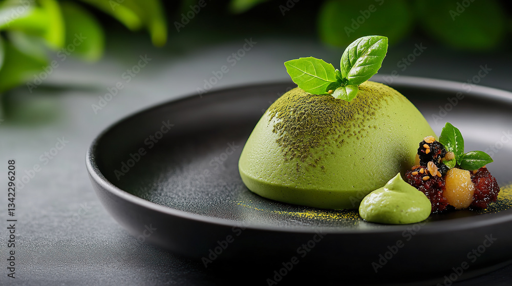 Vibrant matcha mousse dessert with fresh garnish on black plate