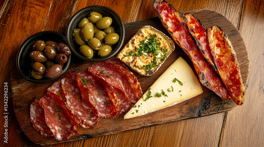 Rustic charcuterie platter with cured meats, cheeses, and olives on wooden board.