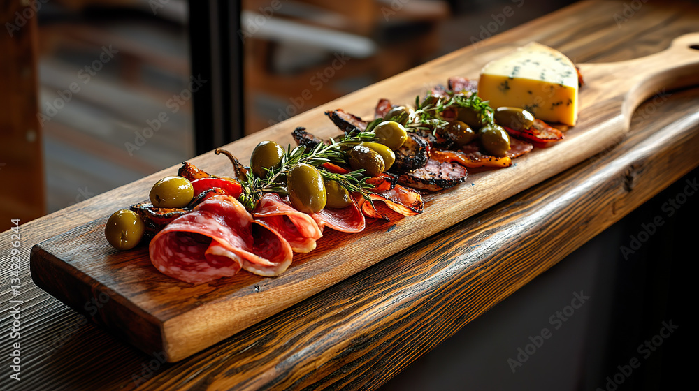 Rustic charcuterie board with cured meats, green olives, aged cheese, and fresh rosemary.