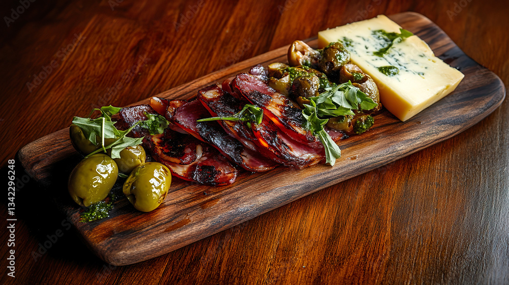 Rustic charcuterie platter with aged cheese, cured meats, and green olives on wooden board.