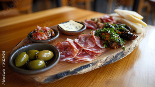 Obraz na płótnie Rustic charcuterie board with cured meats and olives on wooden table. w salonie