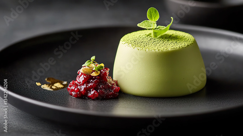 Obraz na płótnie Elegant Green Matcha Dessert with Red Garnish on Black Plate w salonie