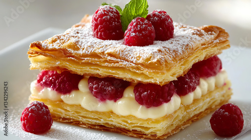 Golden Crispy Raspberry Mille-Feuille with Cream Filling and Powdered Sugar