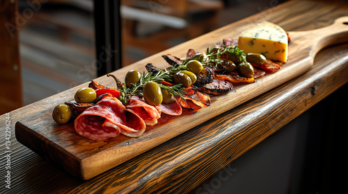 Obraz na płótnie Rustic charcuterie board with cured meats, green olives, aged cheese, and fresh rosemary. w salonie