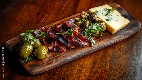 Obraz na płótnie Rustic charcuterie platter with aged cheese, cured meats, and green olives on wooden board. w salonie