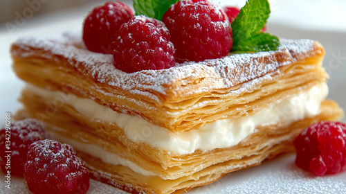 Golden Crispy Raspberry Mille-Feuille with Whipped Cream and Powdered Sugar