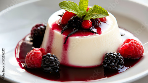 Creamy Vanilla Panna Cotta with Berry Sauce and Fresh Fruit Garnish