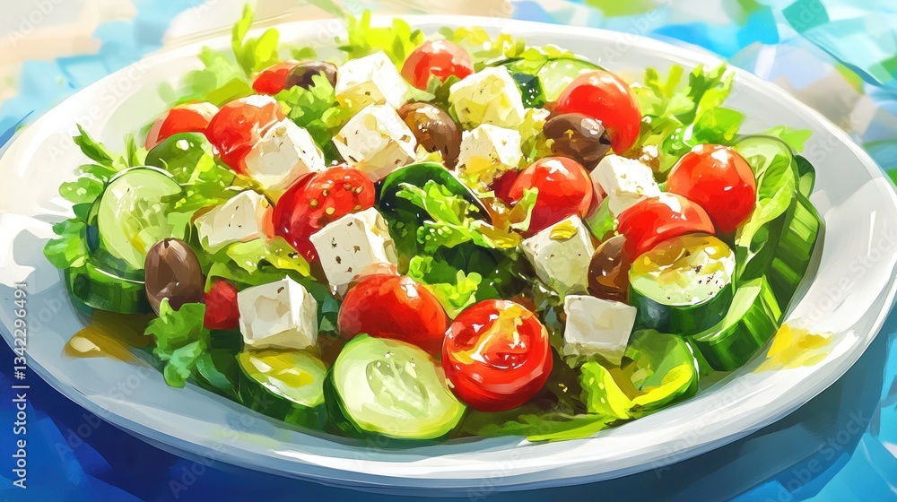 Fresh mediterranean salad, a vibrant mix of vegetables, feta cheese, and olives on a plate Fresh mediterranean salad, a vibrant mix of vegetables, feta cheese, and olives on a plate