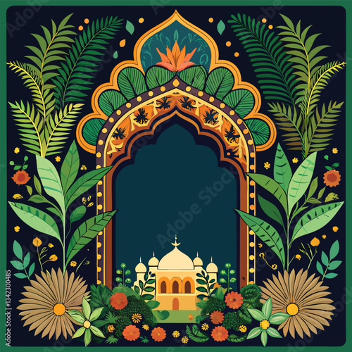 Ornate Mughal Ethnic Retro Forest Frame Illustration