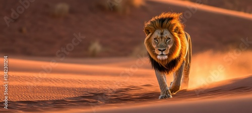 Majestic Lion Walking Across Desert Dunes at Sunrise