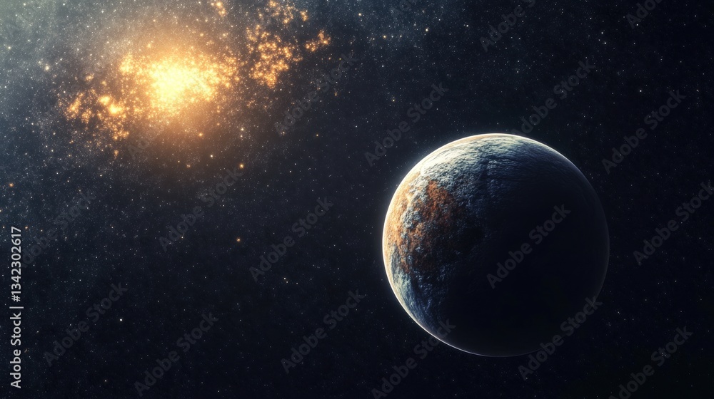 Breathtaking Cosmic Landscape Featuring a Distant Planet and a Fiery Galaxy in the Background with Stars in the Night Sky Breathtaking Cosmic Landscape Featuring a Distant Planet and a Fiery Galaxy in the Background with Stars in the Night Sky