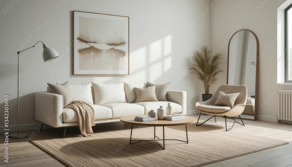 Modern living room with neutral tones, textured accents, and sculptural decor. A serene space designed for relaxation. Modern living room with neutral tones, textured accents, and sculptural decor. A serene space designed for relaxation.