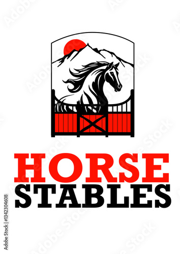 Logo Horse Stables stud farm Barn Cowshed Field Landscape Sun Mountain Design Branding Black Orange