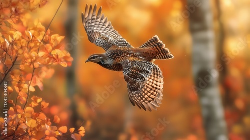 Fototapeta Naklejka Na Ścianę i Meble -  A majestic ruffed grouse takes flight over a golden autumn landscape, its wings spread wide as it soars through crisp fall air.

