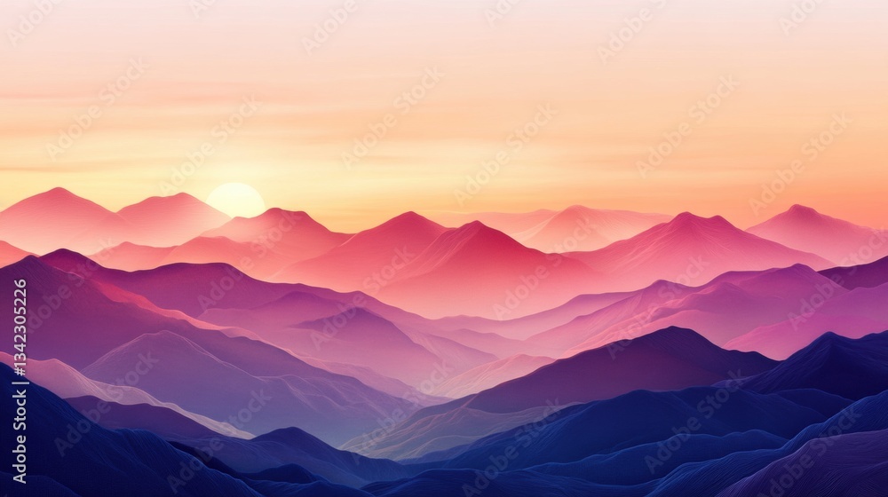 Majestic Sunset Over Vibrant Mountain Ranges with Layered Peaks and Gentle Color Gradients in the Sky at Dusk Majestic Sunset Over Vibrant Mountain Ranges with Layered Peaks and Gentle Color Gradients in the Sky at Dusk