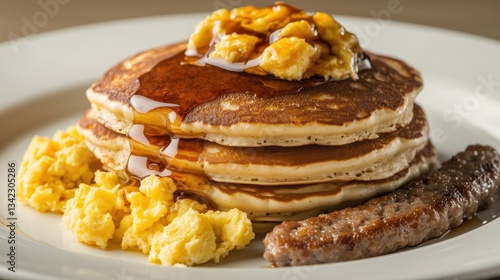 Golden pancakes layered with syrup shine under soft lighting, complemented by creamy scrambled eggs and a savory sausage patty for a hearty breakfast scene.