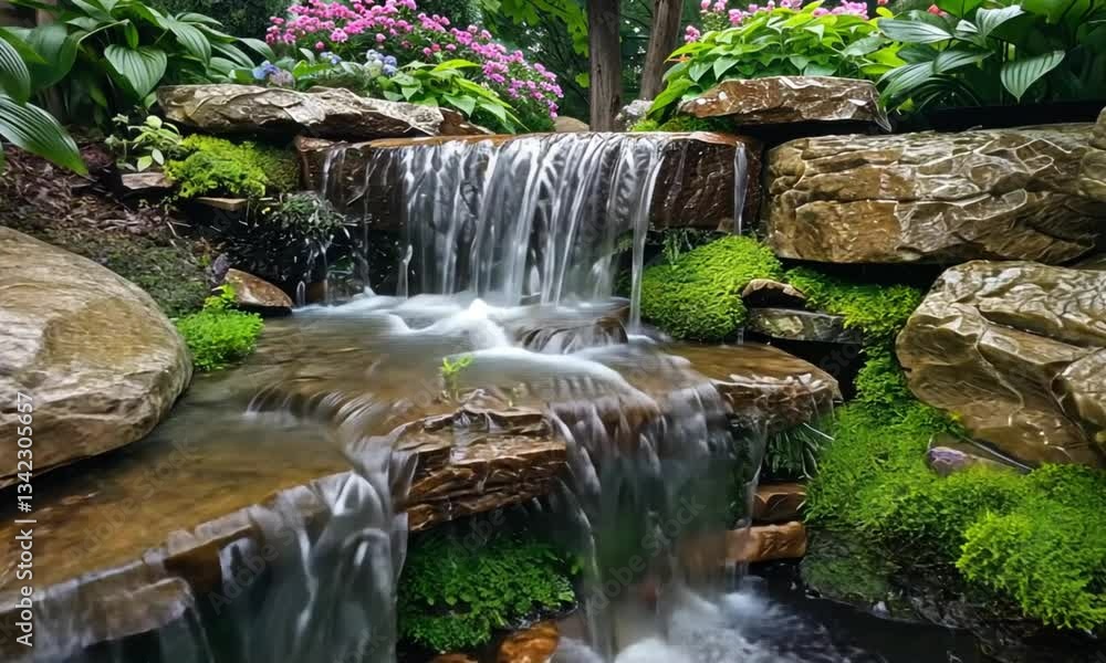 Cascading waterfall in a garden setting Cascading waterfall in a garden setting