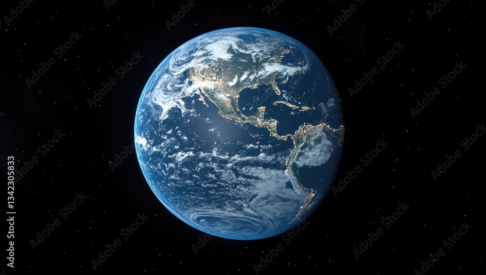 Obraz premium Pixel art depiction of Earth at night, showing city lights and cloud cover against a dark space background