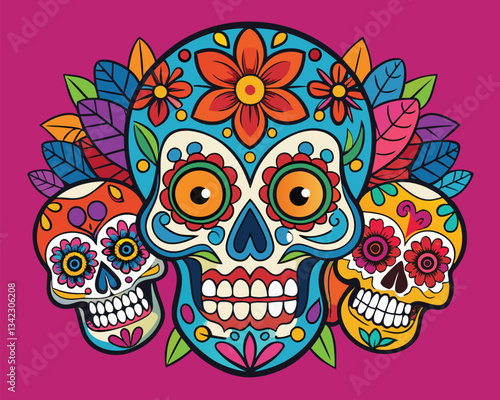 Day of the Dead Sugar Skulls. Colorful Mexican Art Illustration