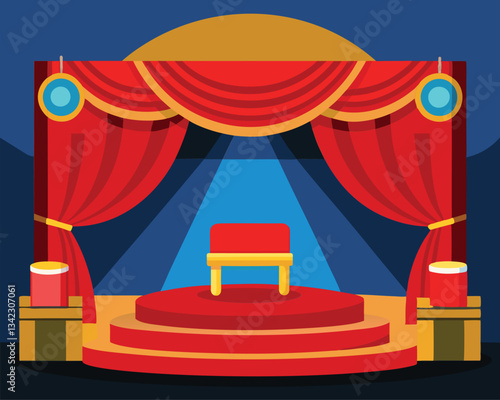 Grand Stage with Red Curtains and Throne. A Majestic Setting for a Special Event