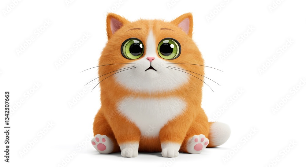 Fototapeta premium Cute Orange Cat Sitting Looking Up with Big Green Eyes on White Background