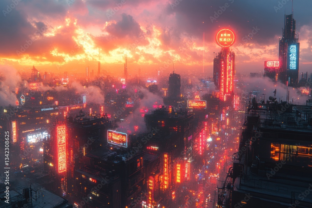 Fototapeta premium Futuristic Cityscape with Neon Signs at Dusk