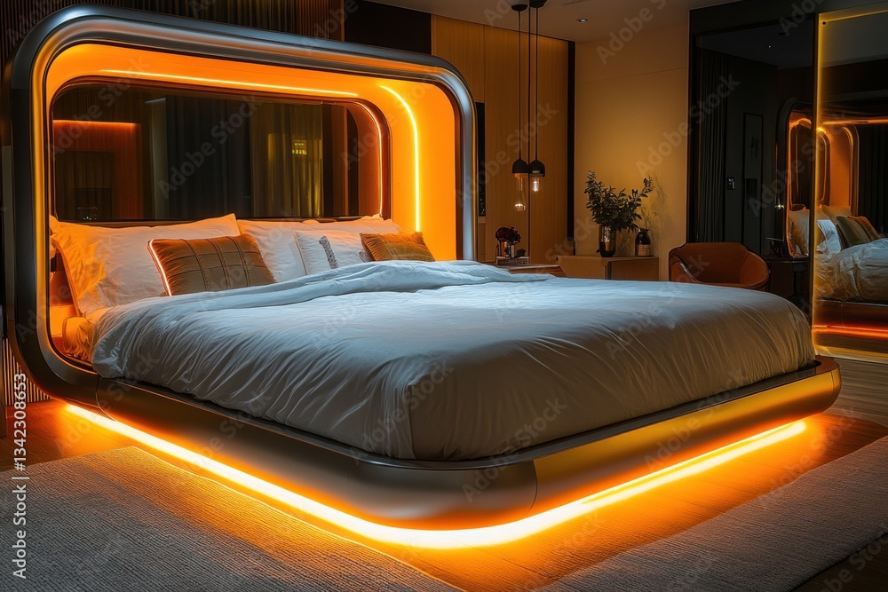 Fototapeta premium Futuristic Bed with Orange LED Ambient Lighting