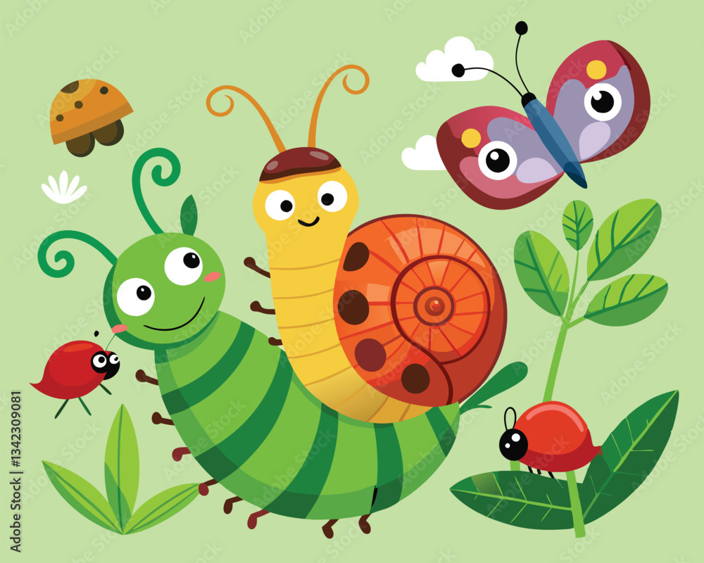 Cute Cartoon Snail and Caterpillar Illustration Cute Cartoon Snail and Caterpillar Illustration
