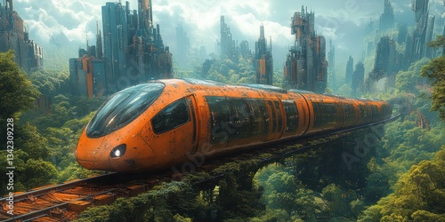 Wallpaper Mural Futuristic Orange Train Gliding Through Lush Forest Torontodigital.ca