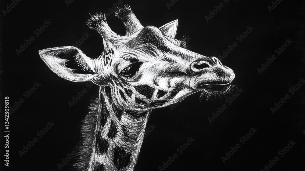 Obraz premium Black and white giraffe portrait on dark background. Possible use Fine art print or wallpaper